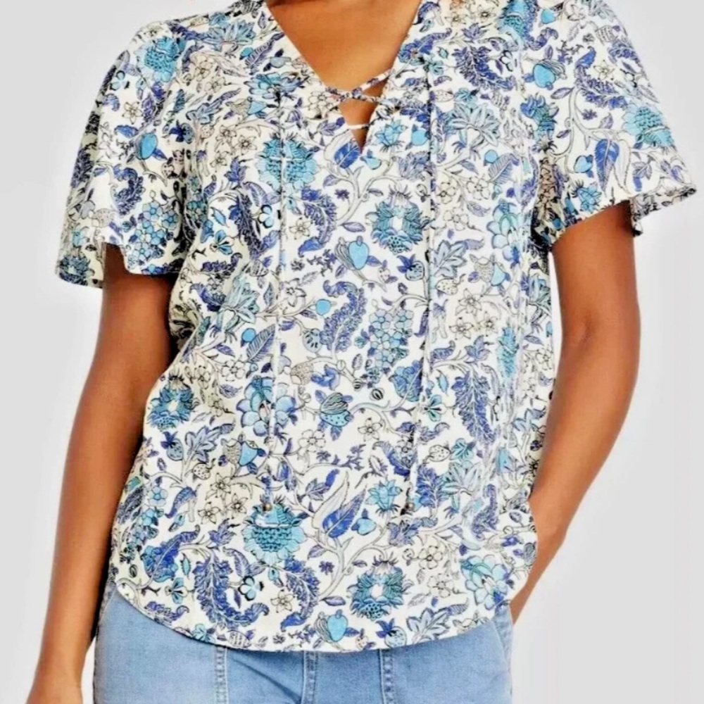 Knox Rose Short Sleeve Floral Lace-Up Blouse 100% Cotton